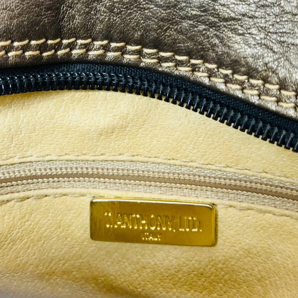 Metallic Bronze Pebbled Leather Shoulder Bag Satchel Gold Hardware Triple Pocket